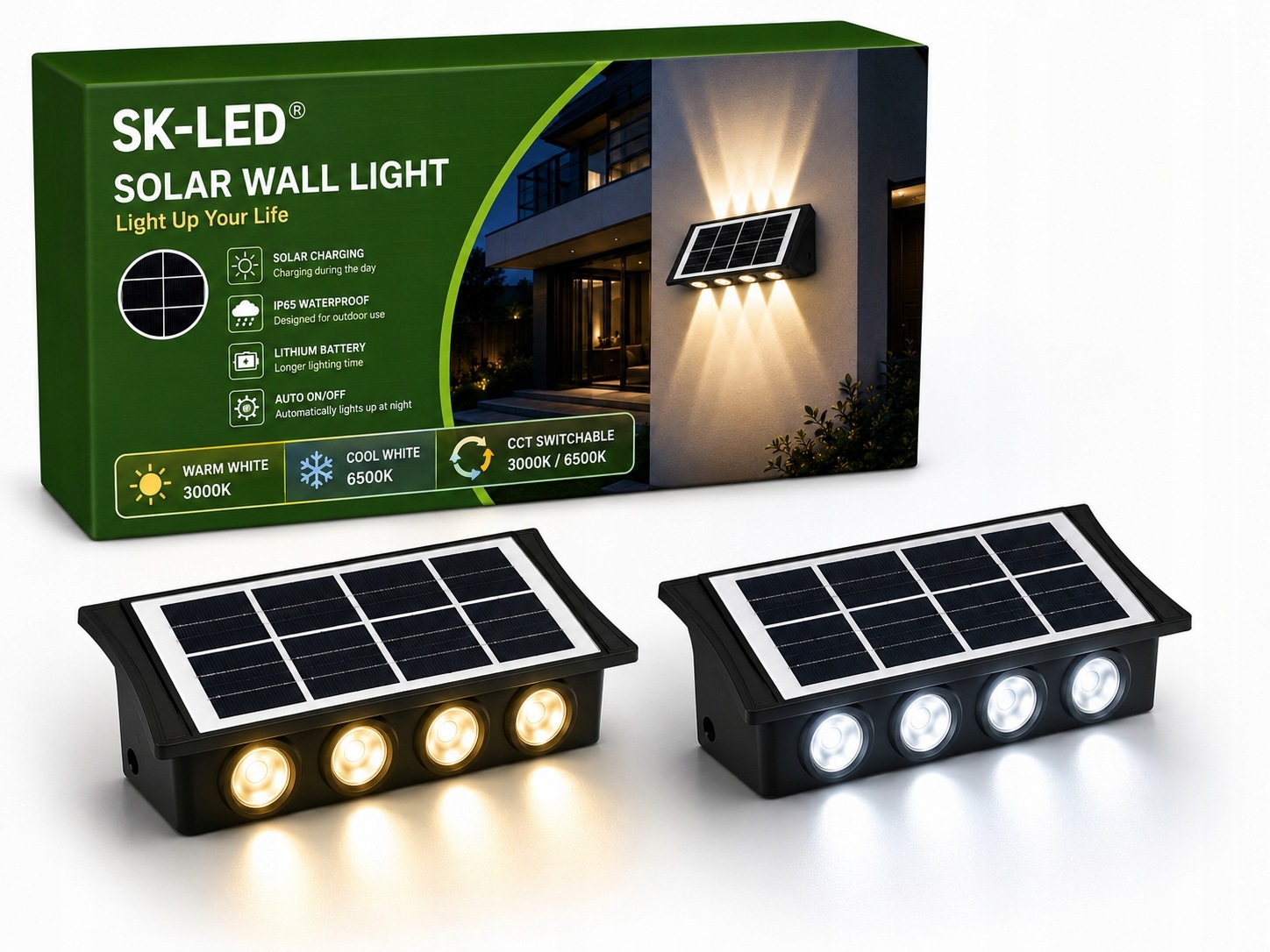 Kinkiet solarny LED IP65 z 8 diodami do oświetlenia elewacji