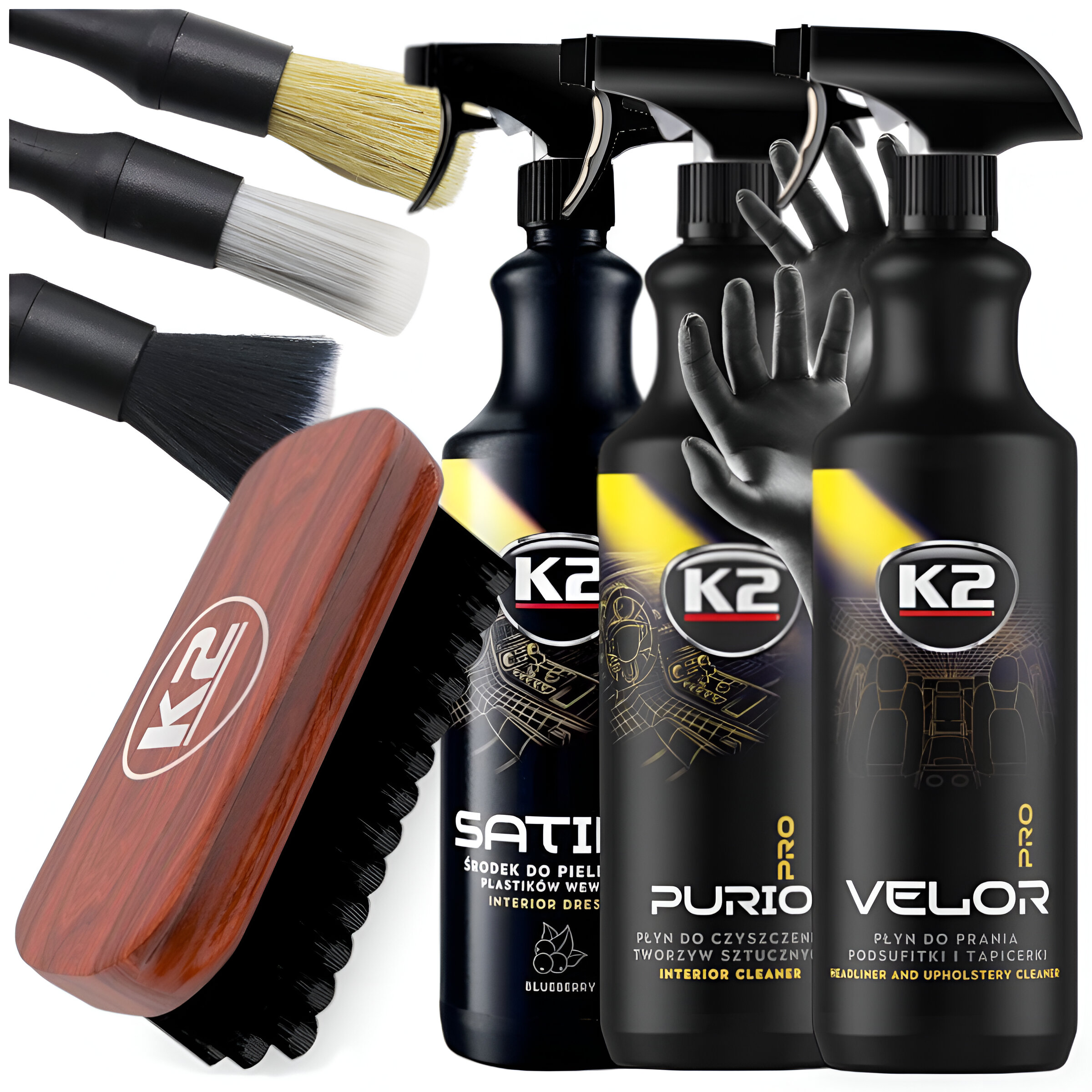 Zestaw K2 Do Czyszczenia Auta Velor Purio Satina Szczotka Detaling 7e