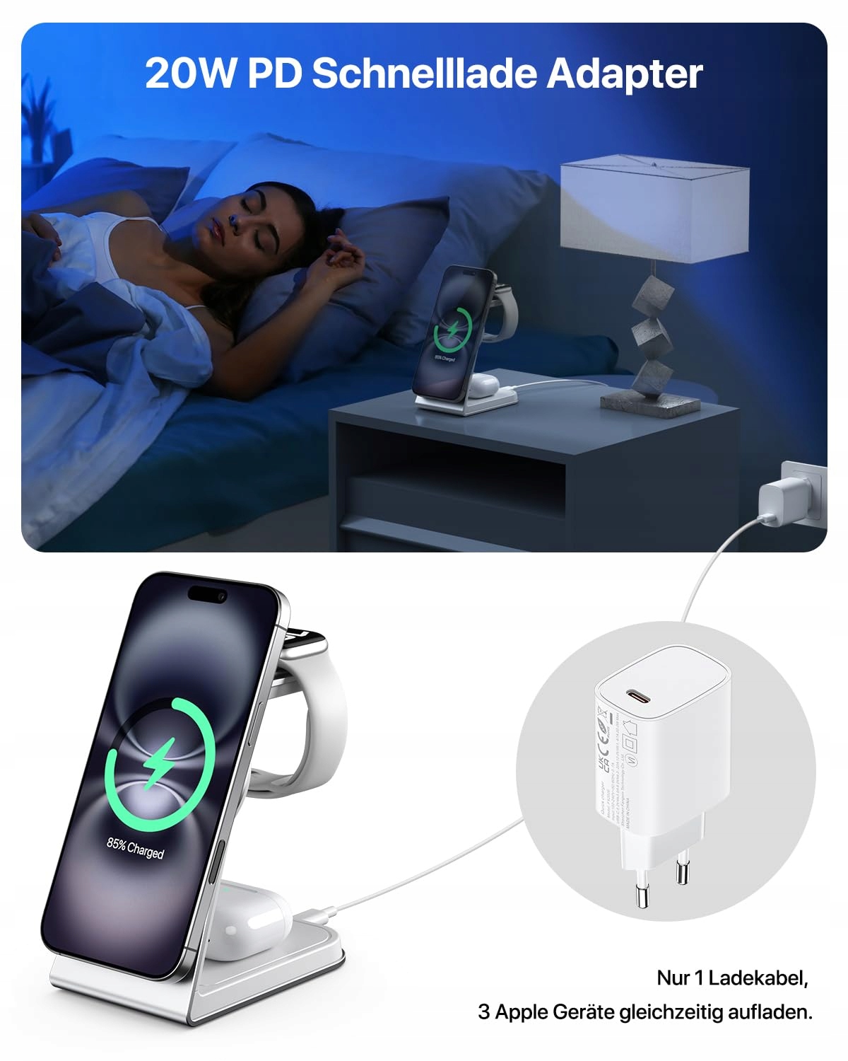 MAGSAFE Bezprzewodowa Stacja Ładowania 3W1 Dla Apple Watch i iPhone AirPods — miniatura 4