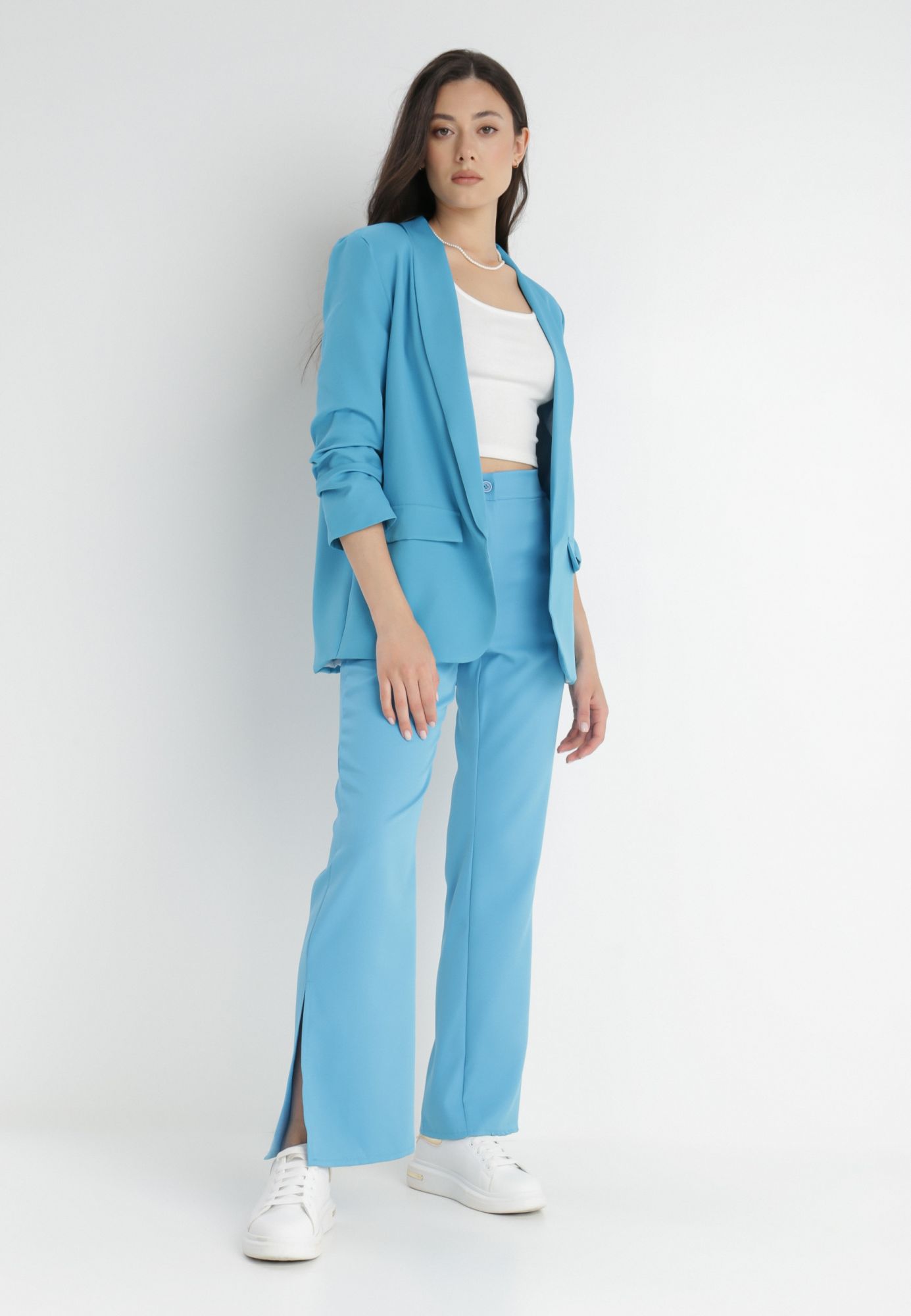 Elegantní modré kalhoty Bootcut Oblekové zvony Born2be S