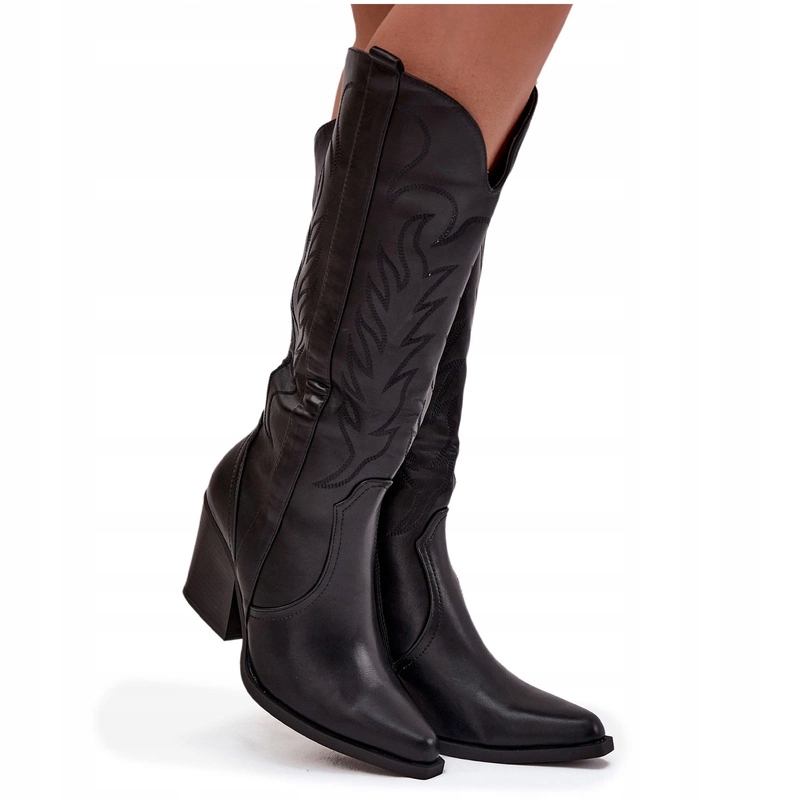 Kozačky Kovbojské Boty Eko Kožené Dámské Sloupek Prošívání Zateplené Černé 37