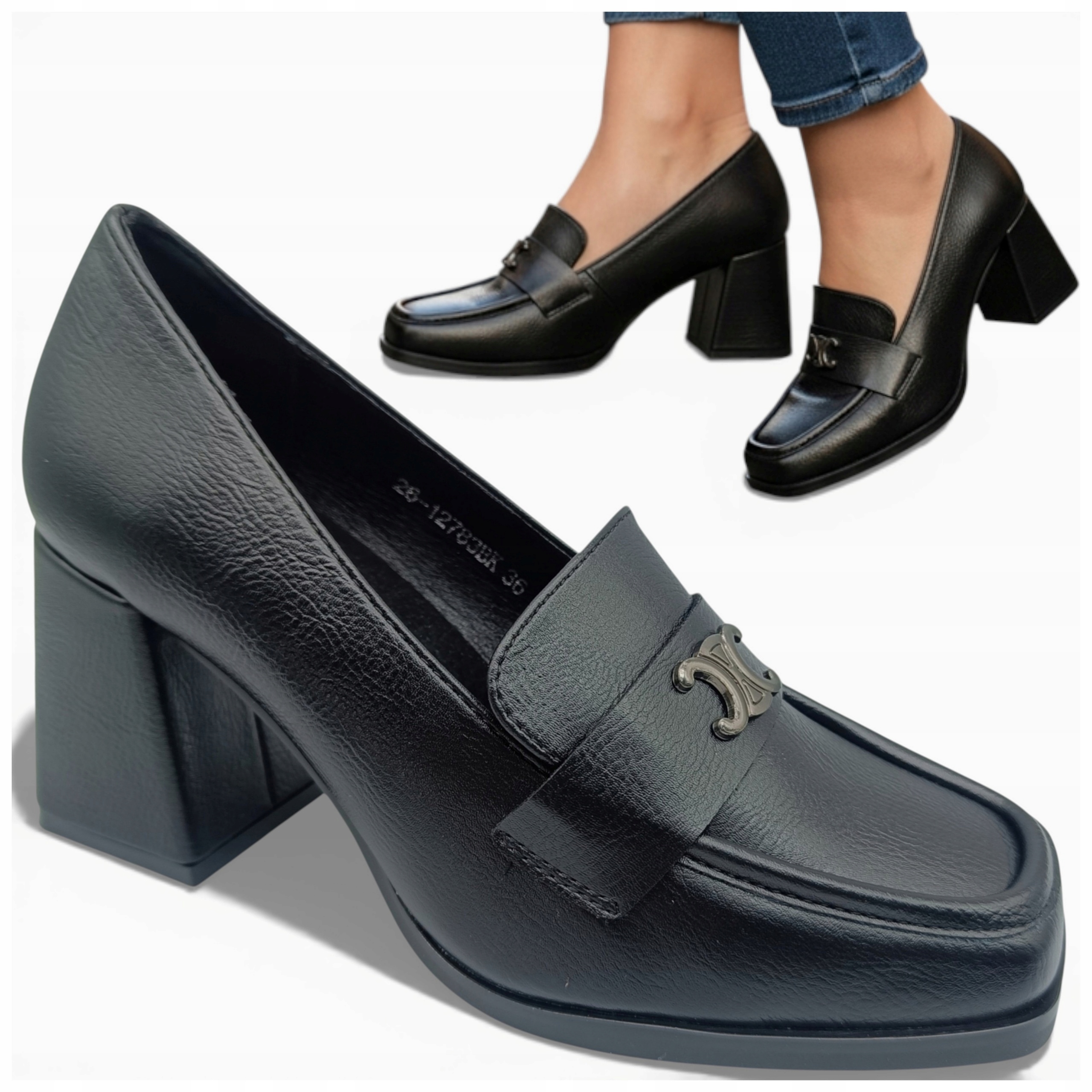 Dámské polobotky na podpatku 40 Elegantní Pohodlné Mokasíny Černé Potocki