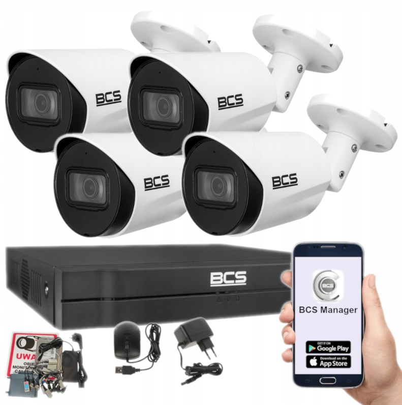 Zestaw Monitoringu 5w1 Bcs 8Mpx 4 Kamery Zewnętrzne Aplikacja Dysk
