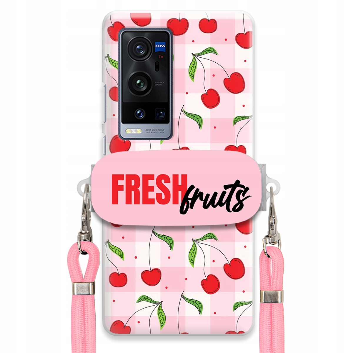 Puzdro pre Vivo X60 Pro Plus Case Držiak šnúrok Ružový Fresh Fruits Mriežka