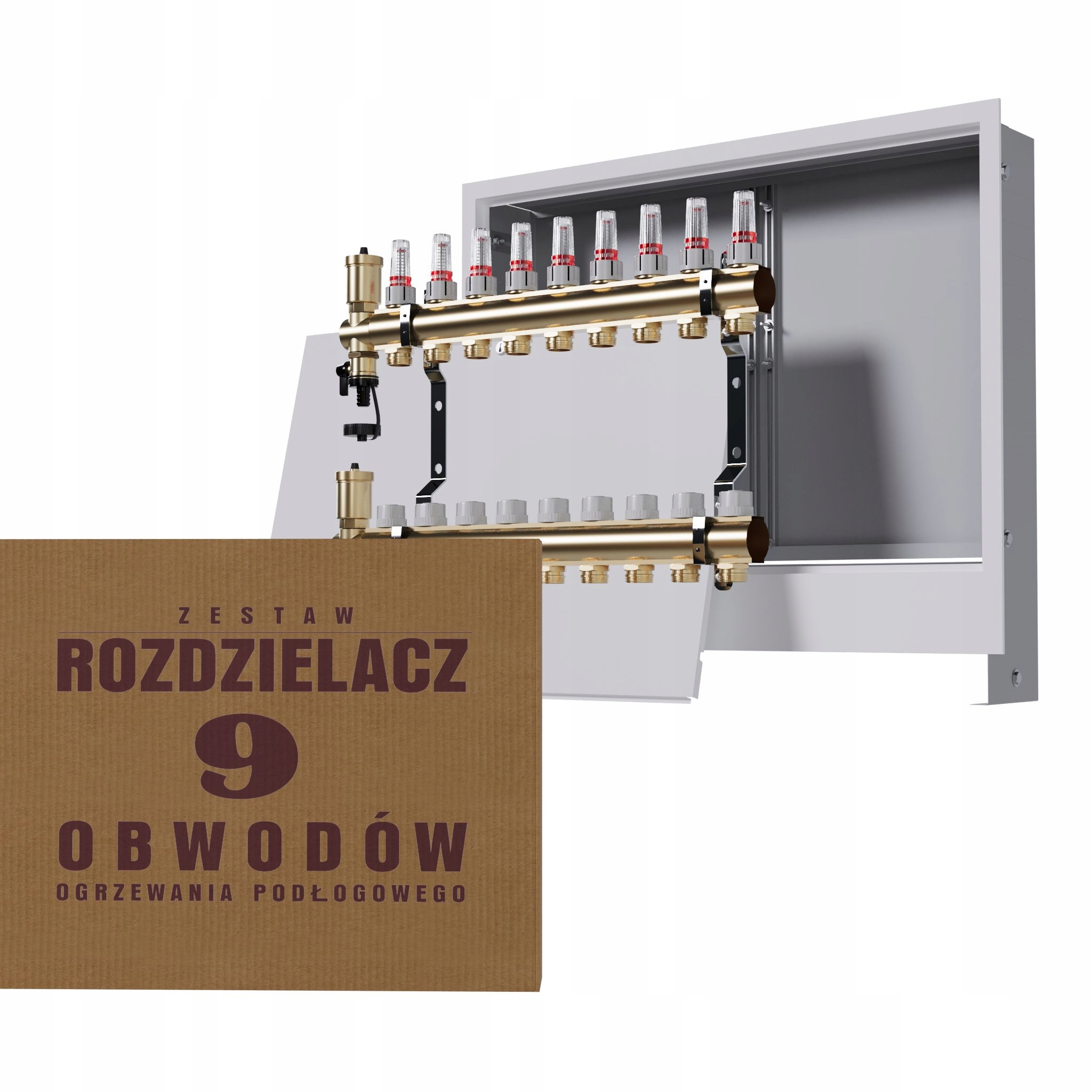 Rozdělovač pro mosaznou podlahu 9-okruhový a podomítkový box, bílý