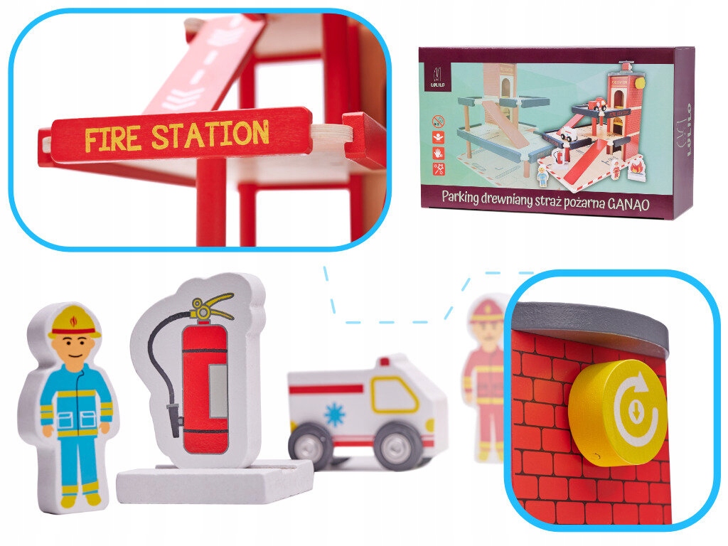 ZESTAW STRAŻ POŻARNA PARKING DREWNIANY GARAŻ Wiek dziecka 3 lata +