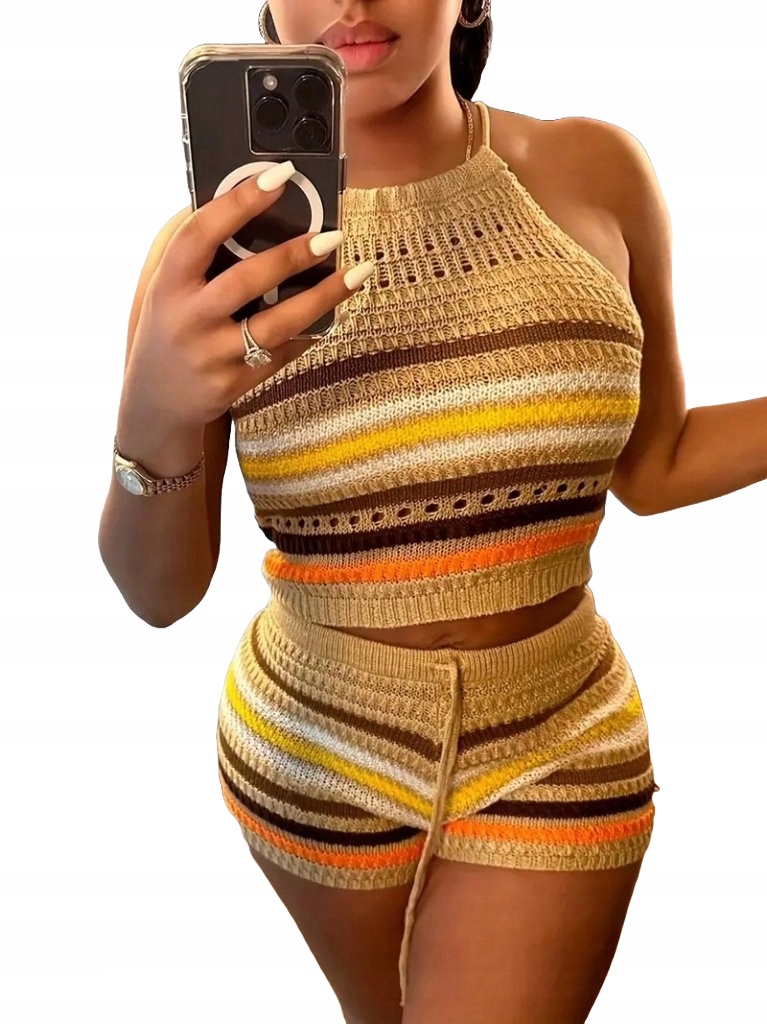 Damski Zestaw Krótkich Spodenek Bez Rękawów, Z Dekoltem Wiązanym Na Szyi, W