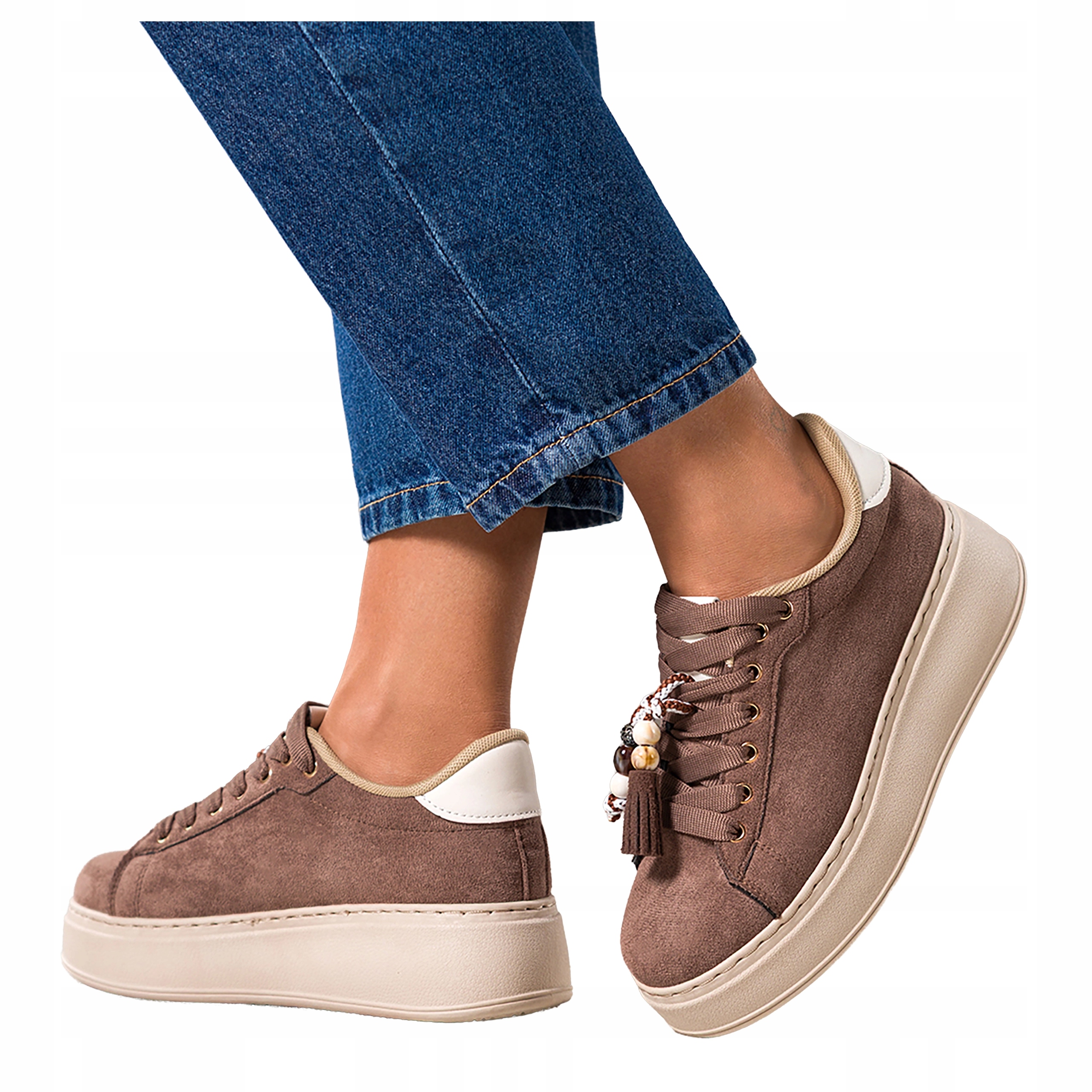 Hnědé dámské tenisky na platformě se šněrováním a sportovní ozdobou, velikost 41