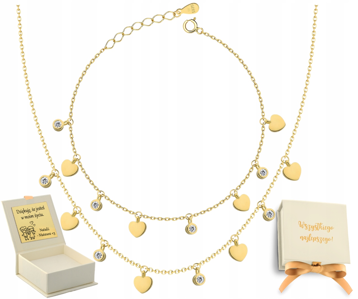 Zlatý Náramek Náhrdelník Set Závěsných Srdíčka A Zirkony V Rámu