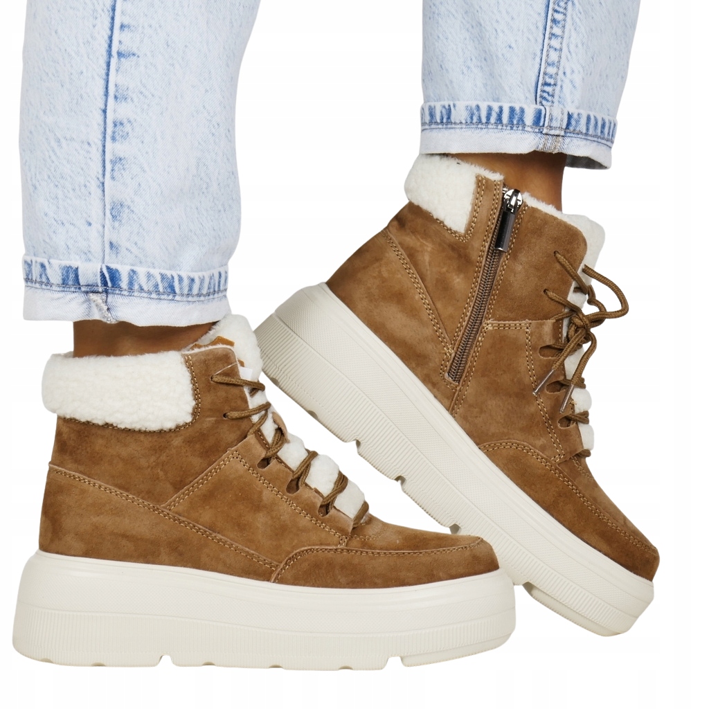 Camel Hnědé Semišové Kotníkové Boty S Kožíškem, Sněhule Na Platformě, Módní