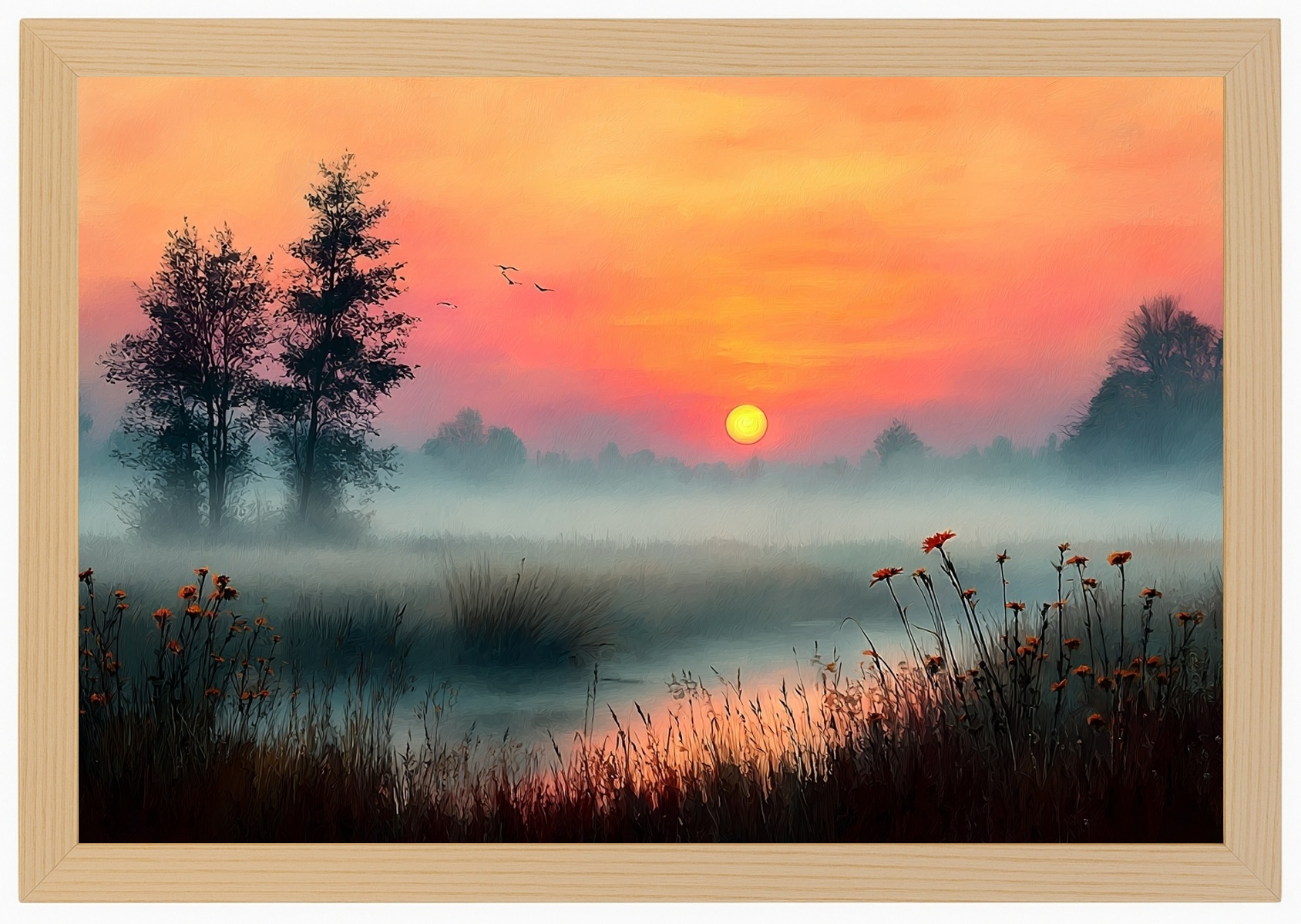 Rám Rámeček Plakát Dřevo Východ Slunce Jezero Mlha Příroda Květiny 60x40