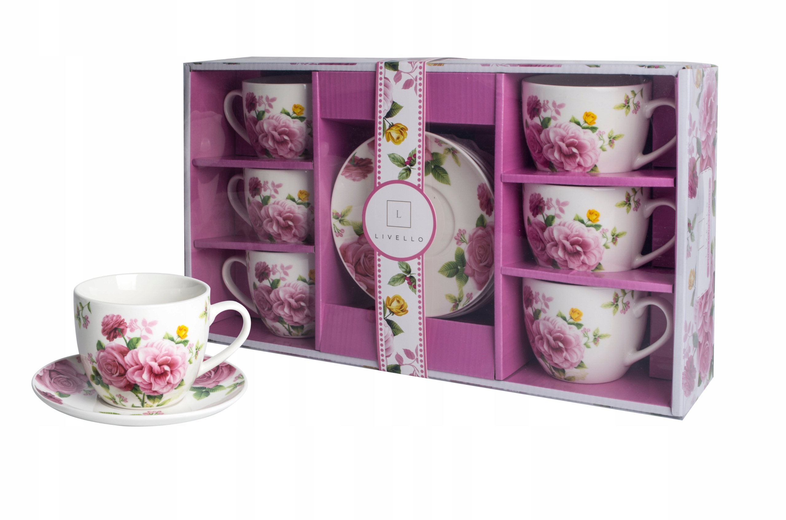 Livello Kávový servis 6 x šálek 250 ml s podšálkem 14 cm na kávu pivoňky