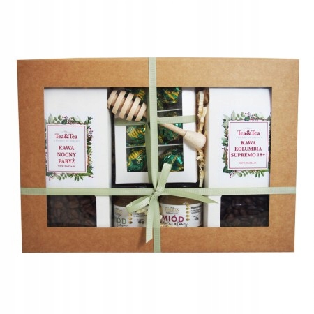 Dárková sada na kávu s medem a sladkostmi.