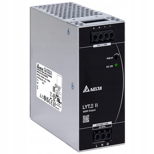 Zasilacz Delta Din Slim 24V 480W 20A Na Listwę DC Do Rozdzielni Regulowany
