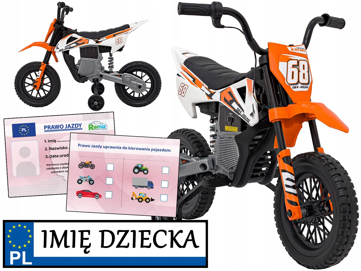 motorek dla dzieci Pantone 361C na akumulator Motor Cross tablica imienna