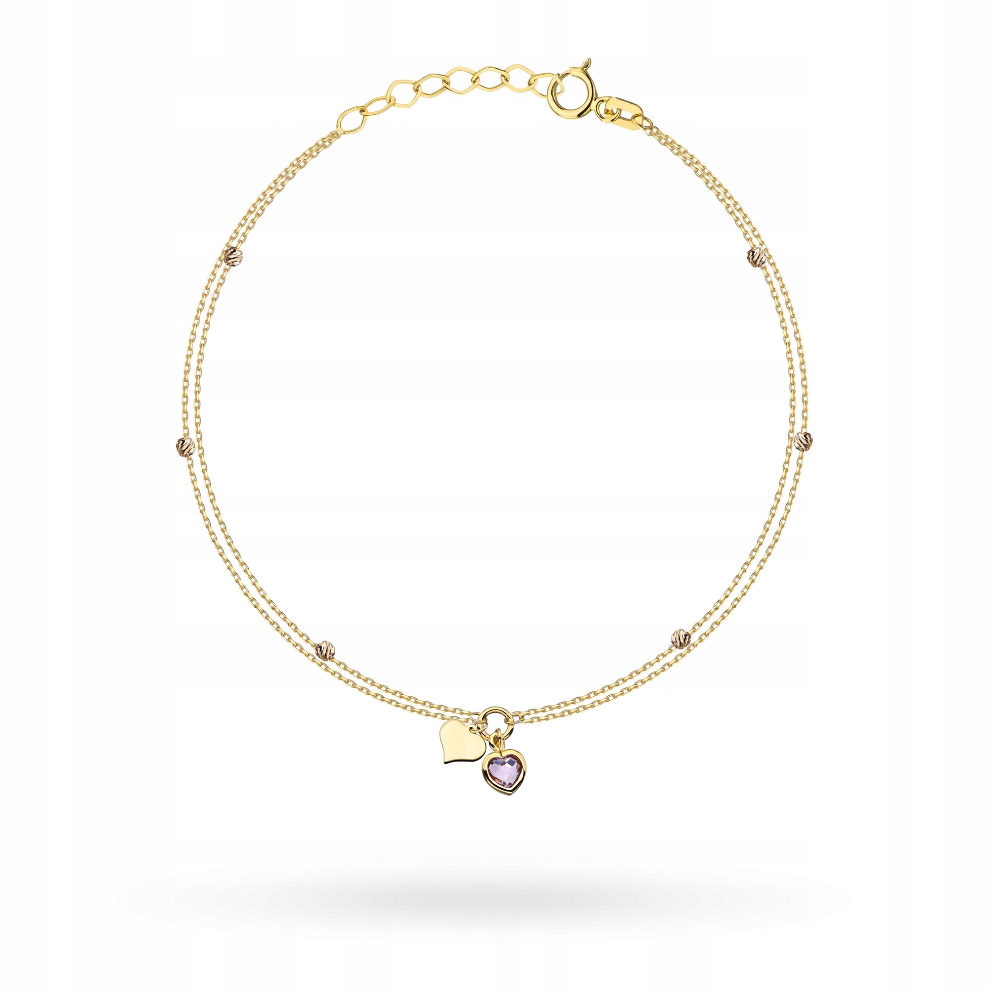 Zlatý Náramek pr. 585 Srdce s ametystem Diamantové kuličky 14k