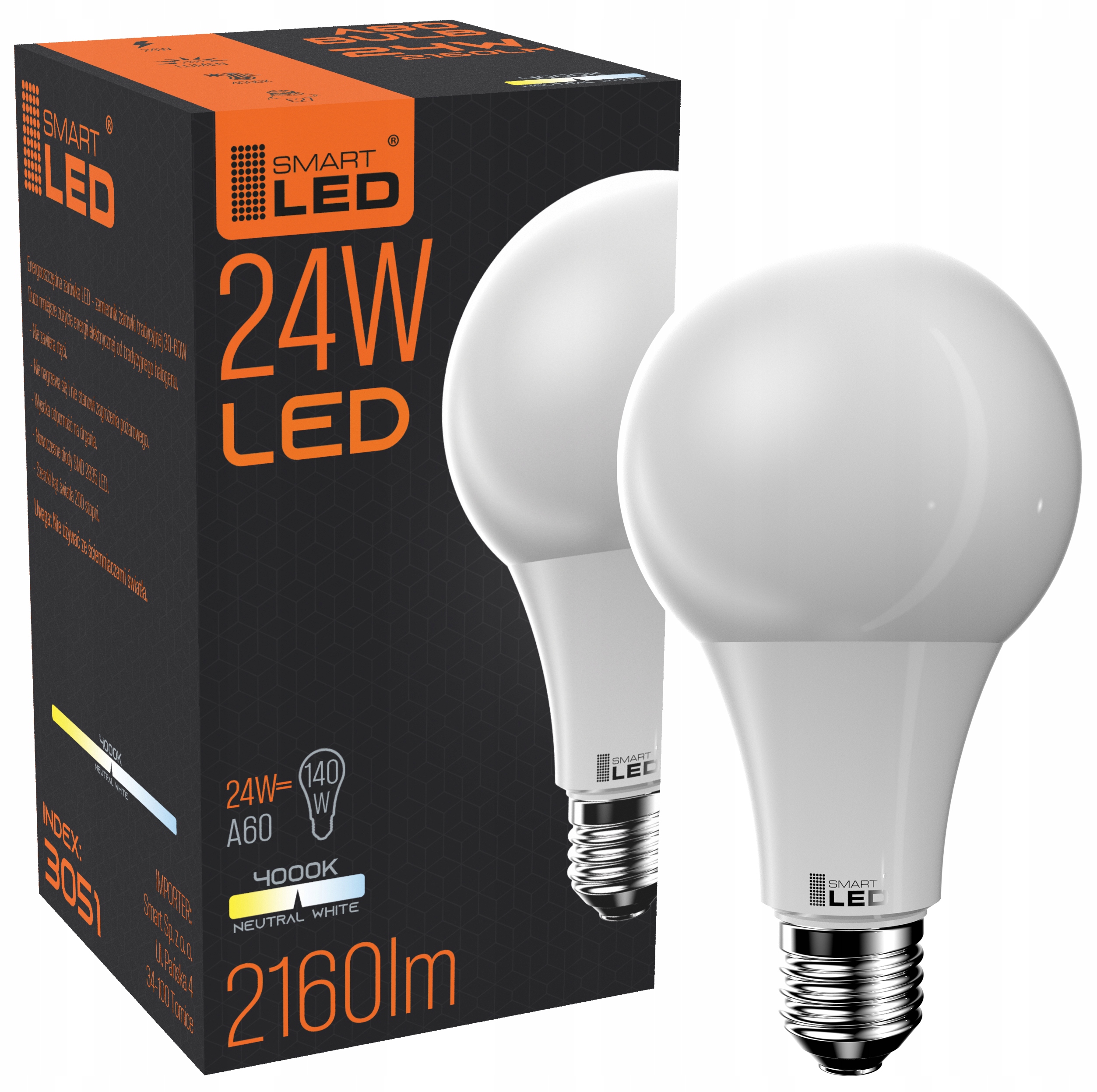 

Żarówka E27 Led 24W 2160lm A80 mocna nie mruga Nw