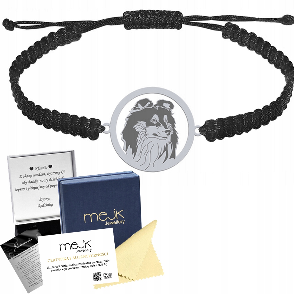 Stříbrný náramek se psem Shetlandský ovčák Stříbro 925 Žena Gravírování