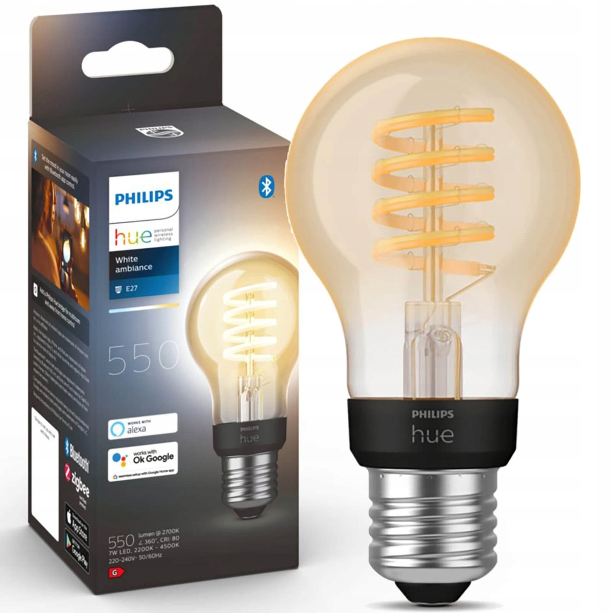 Led žárovka E27 7W A60 Cct Philips Hue Filament Bluetooth Zigbee