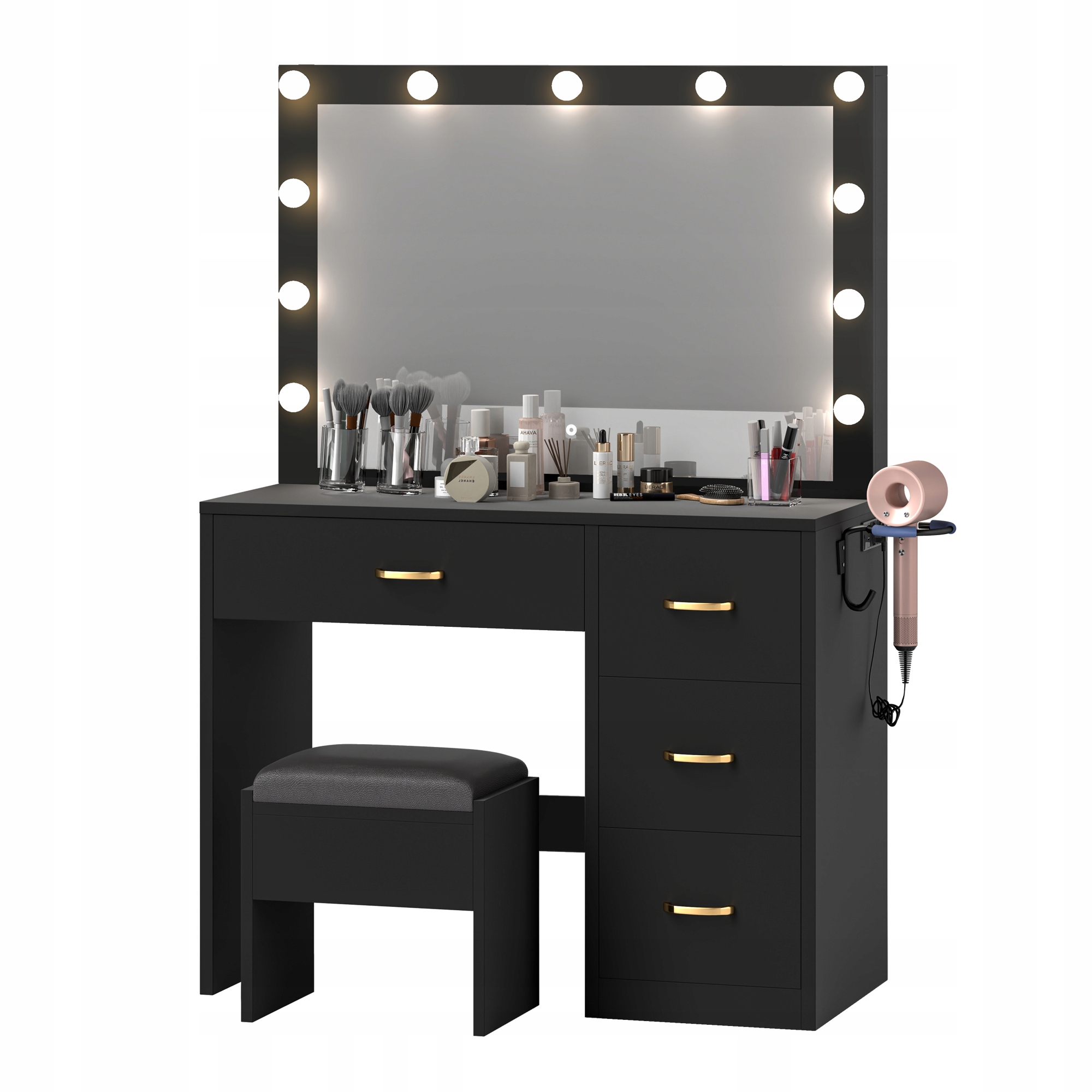 CZARNA TOALETKA KOSMETYCZNA LED Z ŻARÓWKAMI + taboret i 4 szuflady 136*90cm