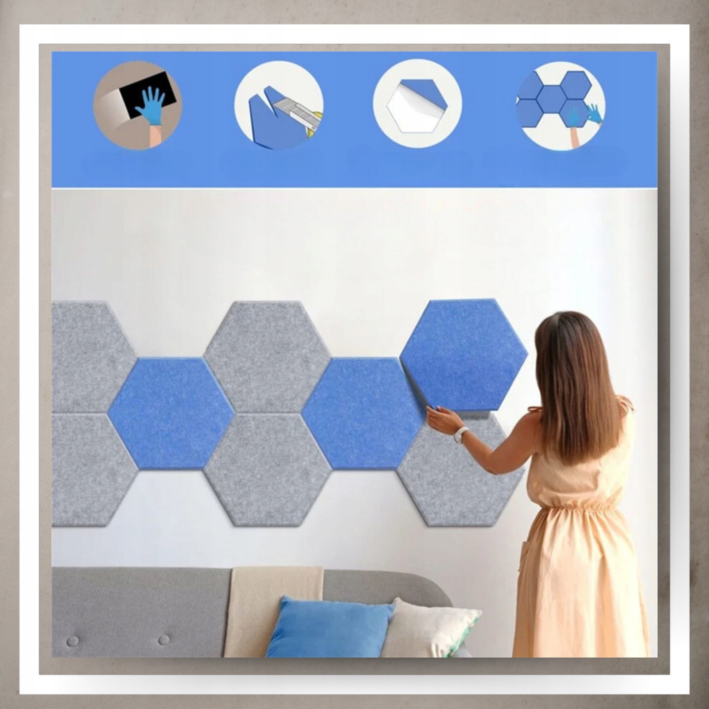 PANELE ŚCIENNE FILCOWE 3D HEKSAGON zagłówek samoprzylepne akustyczne soft Wykończenie matowe