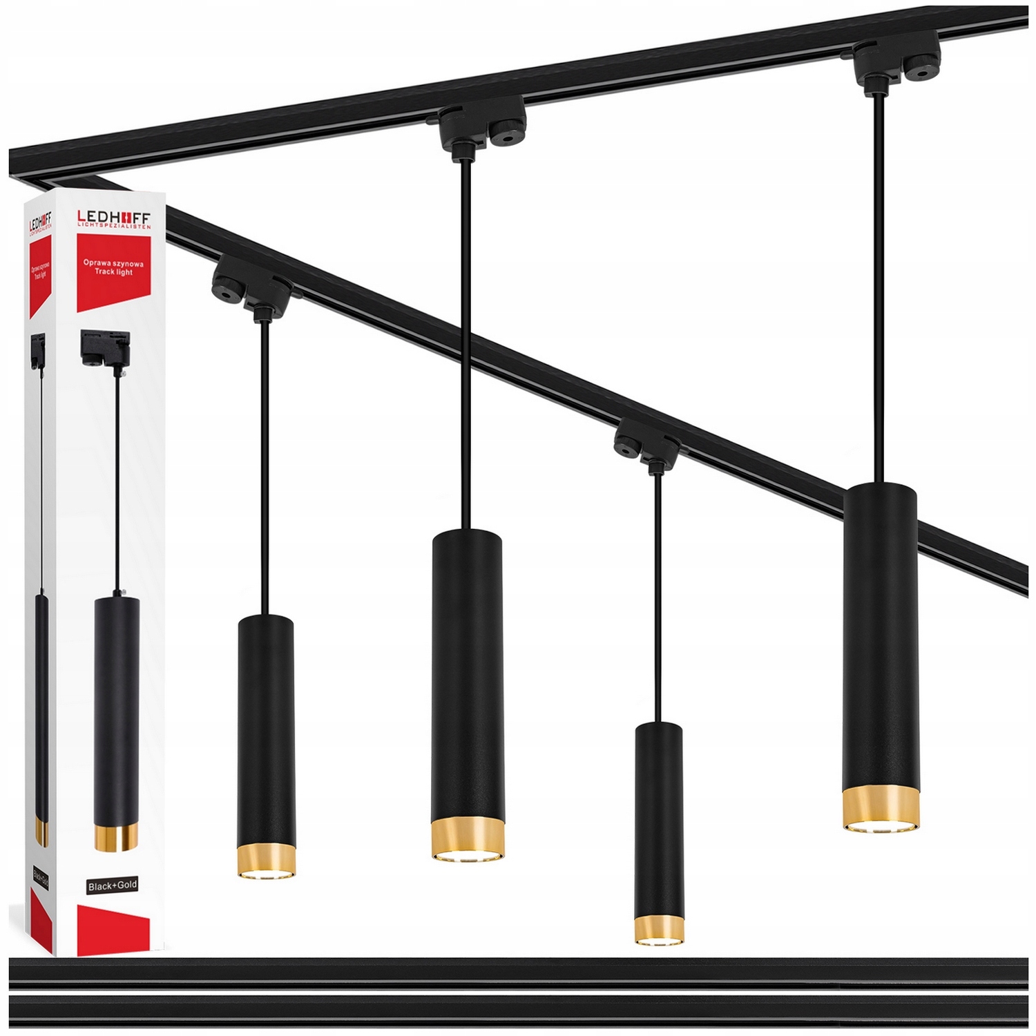 Koľajnicový kábel 2x 1 m 4x závesná Led lampa Tuba GU10 Čierna zlatá lampa