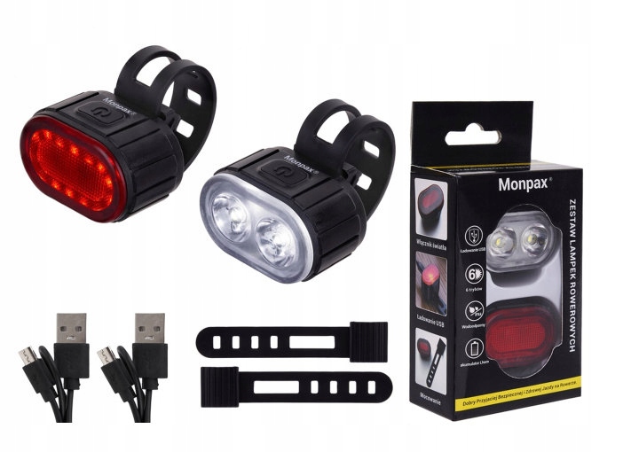 LAMPKA ROWEROWA PRZÓD TYŁ NA KIEROWNICĘ MOCNA LED USB ŚWIATŁO AKUMULATOR Marka Monpax
