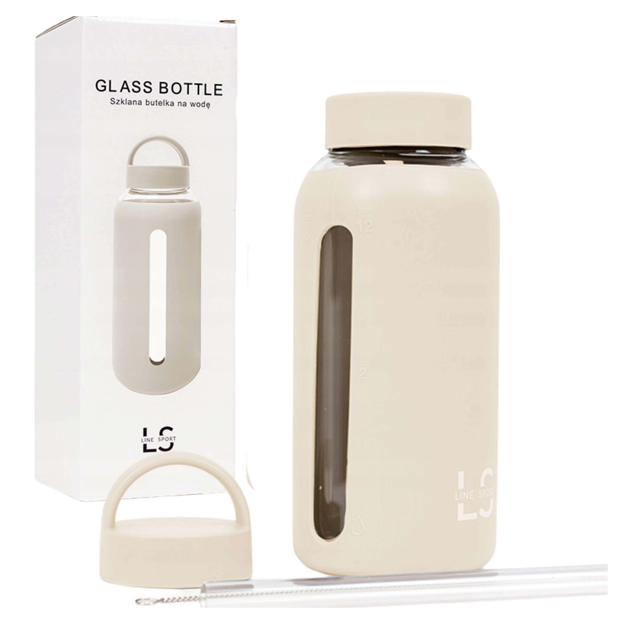 Butelka na Wodę Szklana w Zestawie Dwie Zatyczki Line Sport 800ml Beżowa