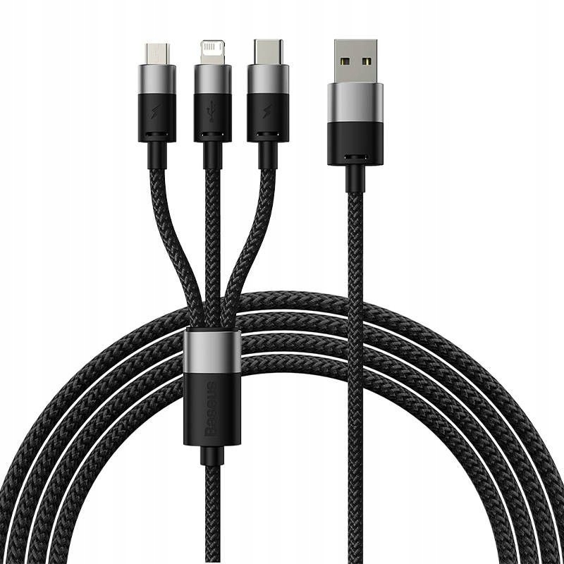 Kabel USB 3w1 Baseus USB-C + micro USB + iPhone, 3,5A, 1.2m (czarny)