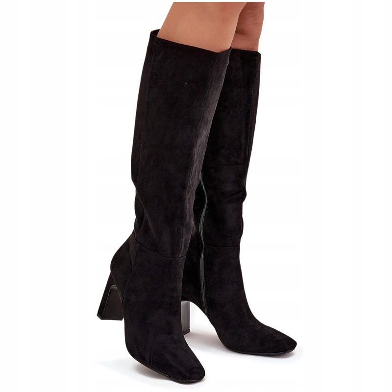 Dámské Kozačky Eko Semišové Podpatek Sloupek Zip Zateplené Černé 40