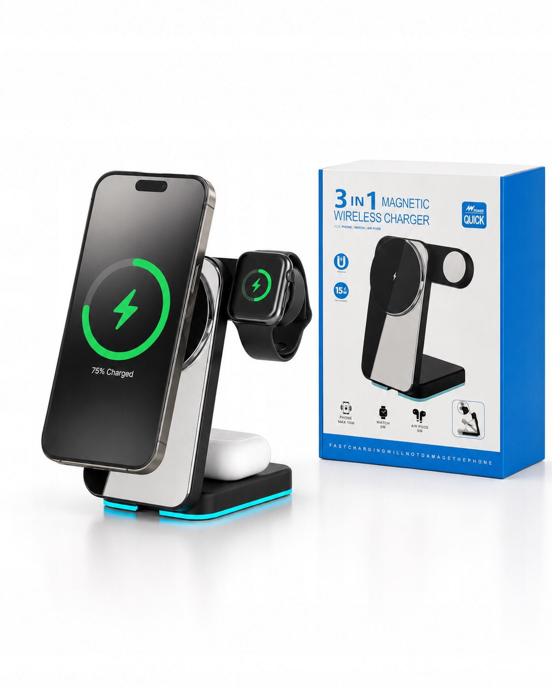 Bezdrátová indukční nabíječka pro telefon 3v1 Quick Charge Movars