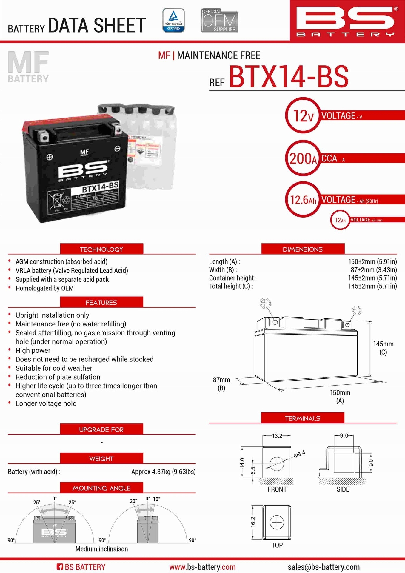 Bs Batéria BTX14-BS (YTX14-BS) 12V 12AH 150X87X145 Bezobs Lužný Elektr