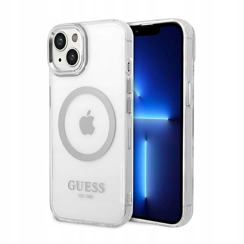 Guess Metal MagSafe – Pouzdro pro iPhone 14 Plus (průhledný stříbrné)