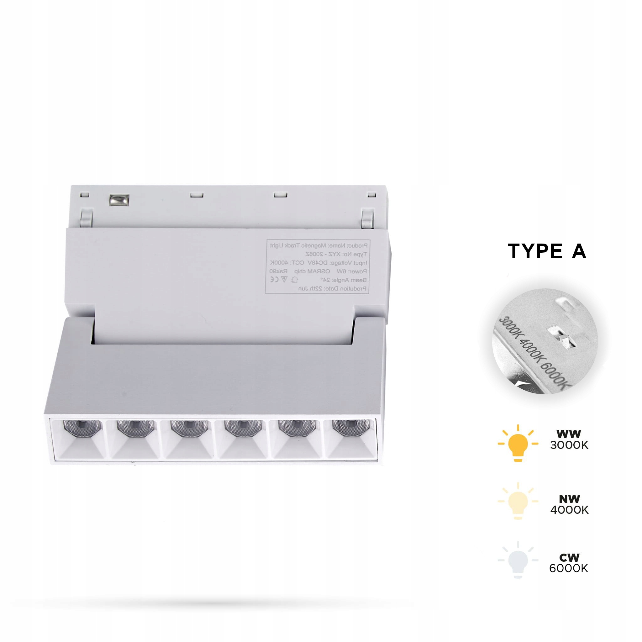 Lineární reflektor Bílý Led Nastavitelný 6W 3CCT Typ A pro Smart Track 48VDC