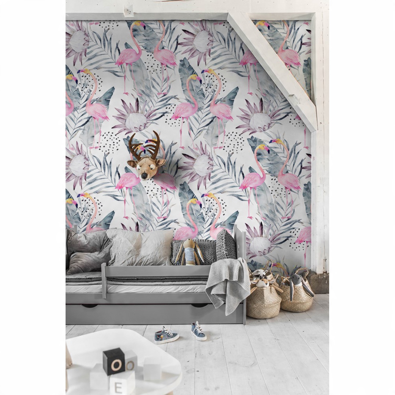 

Flizelina tapeta Flamingi z liśćmi retro 254x184cm