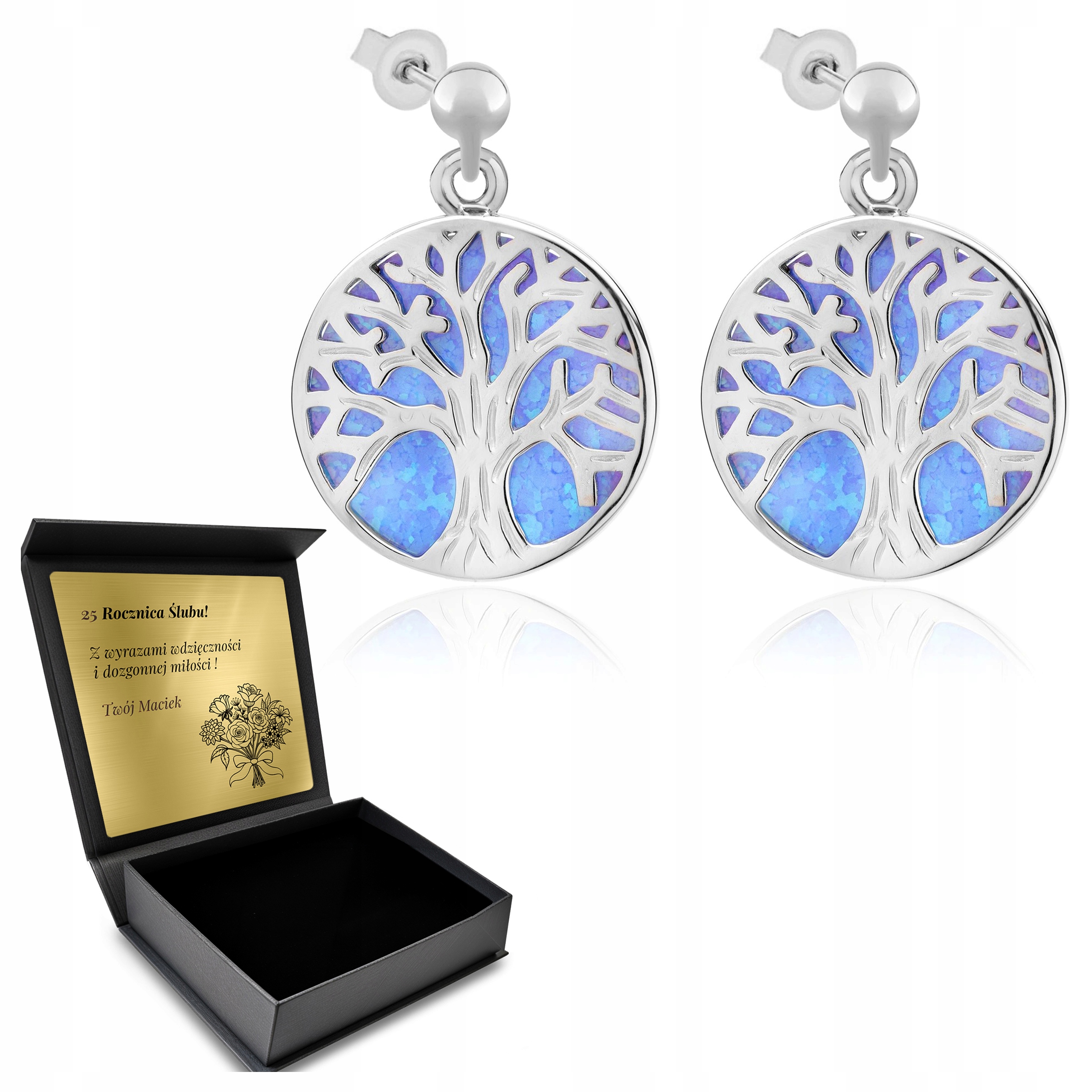Stříbrné Náušnice 925 Strom života Opál Šperky pro ženy Gravírování Bonus