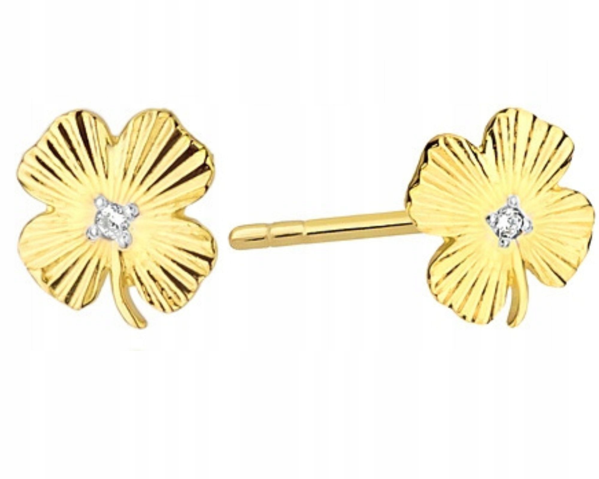 Zlaté náušnice s brilianty, šrouby a jetele 585