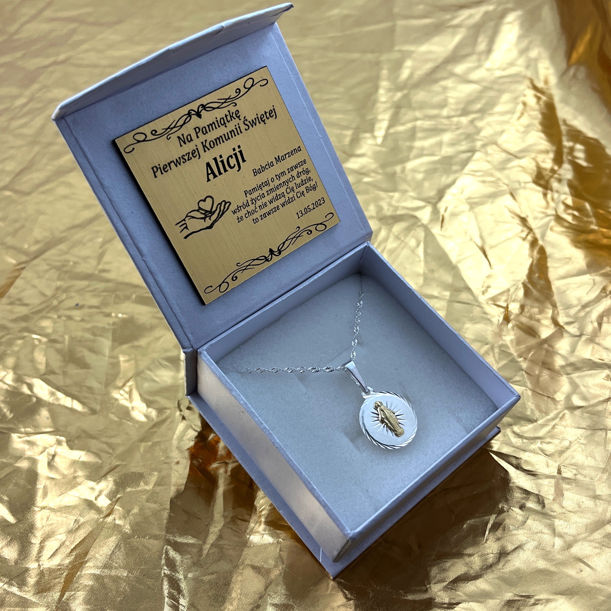 SREBRNY NASZYJNIK PR. 925 MATKA BOSKA CUDOWANA ŁAŃCUSZEK MEDALIK + GRAWER Kolor srebrny