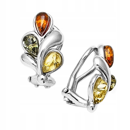 Barevné Stříbrné Klipsy s originálním Baltským JANTARem ze Stříbra Ag 925