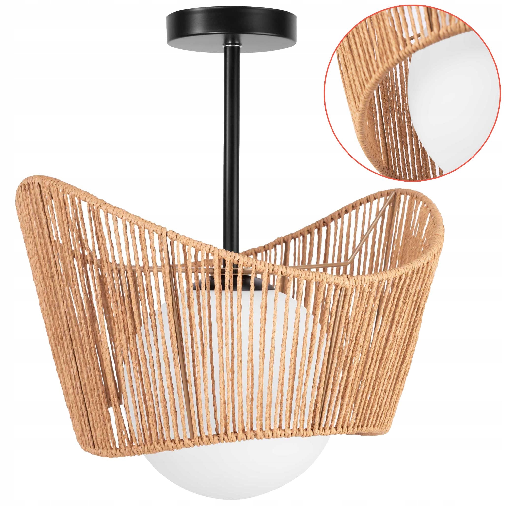 Závesná stropná lampa Boho ľahká, prelamovaná, mliečna, Jutová šnúra