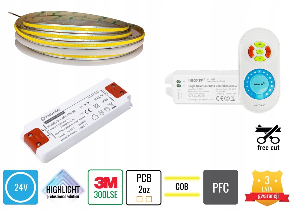 15m Zestaw Led sufitowy Cob Free Cut barwa do wyboru 10W 24V CRI>90