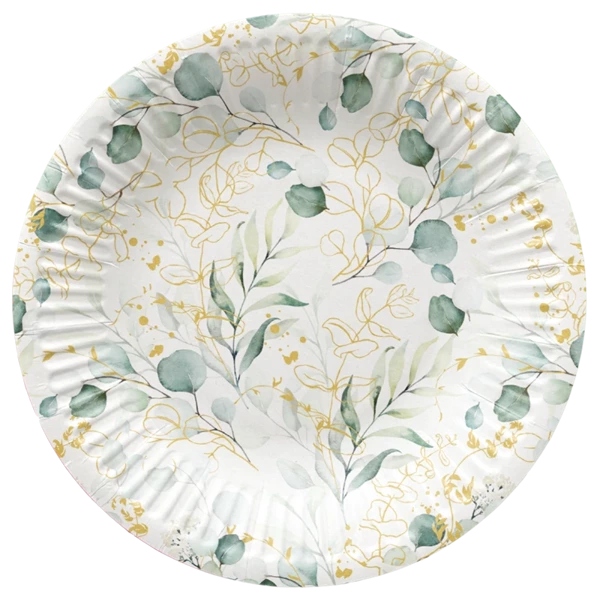 TALERZYKI PAPIEROWE EUKALIPTUS 18 CM 8 SZT GAŁĄZKI IHS KOMUNIA CHRZEST