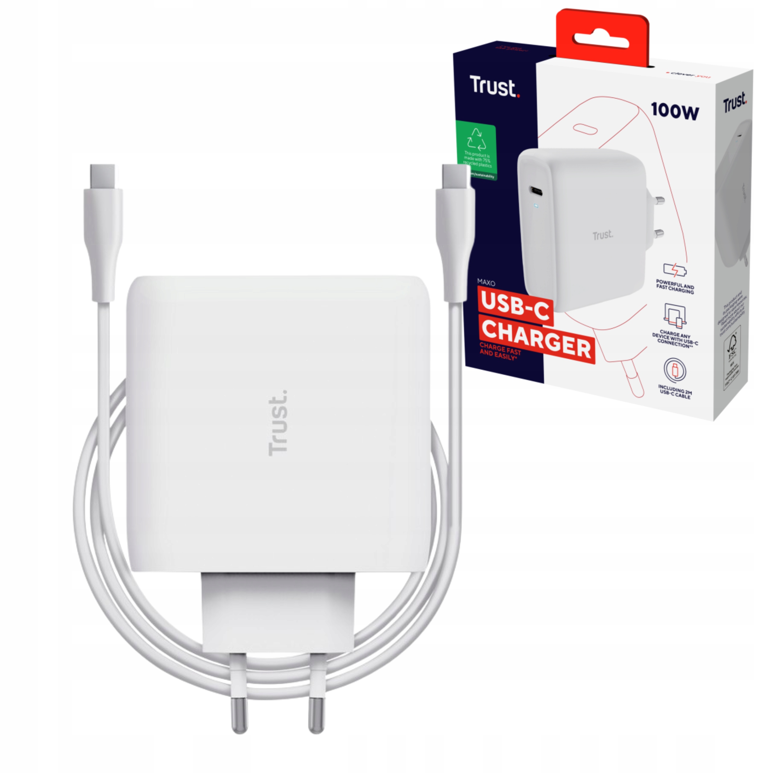 Síťová nabíječka Trust Maxo 100W 1x Usb-c pro telefon k notebooku Bílá