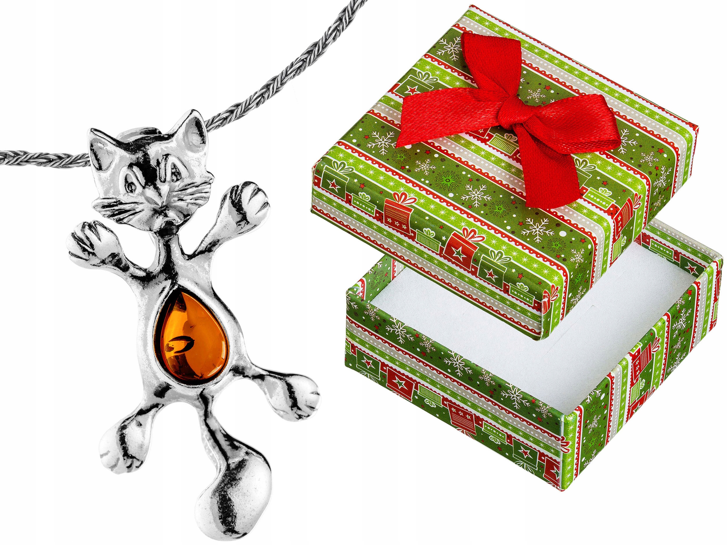 Velký stříbrný náhrdelník Kočka s jantarem, oxidovaný, koťátko, jantar, dlouhý 60 cm