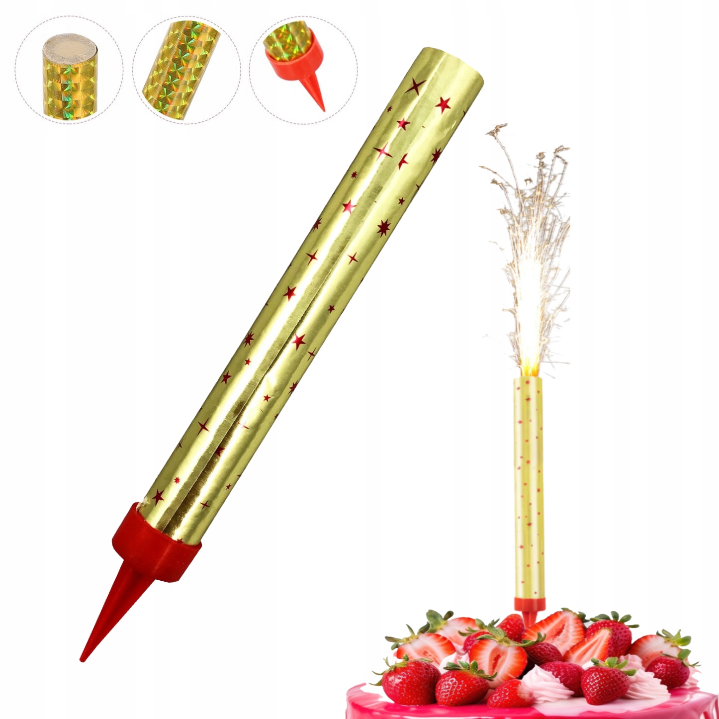 FONTANNA ŚWIECZKA TORT RACA ZŁOTA TORTOWA NA URODZINY KOMUNIE IMPREZY 12cm