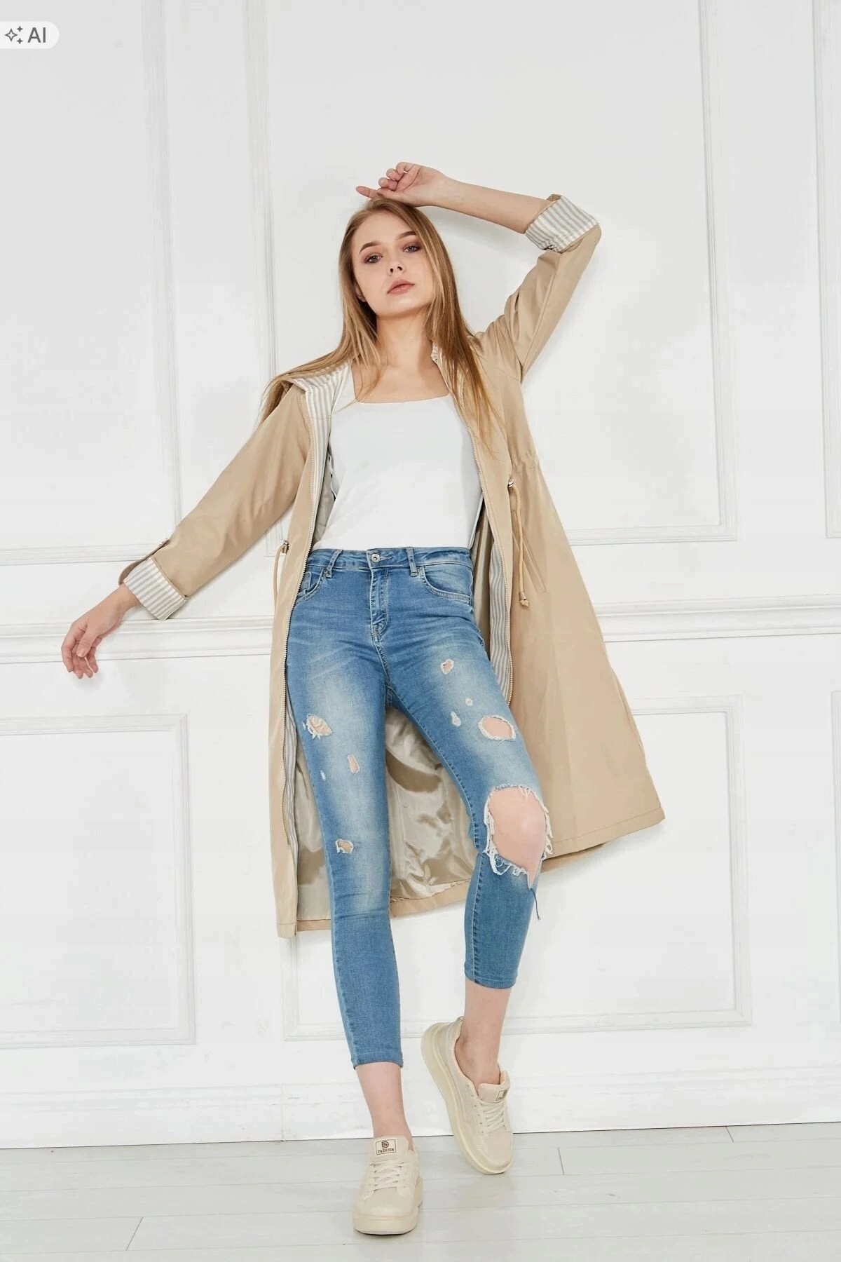 Dlouhý Béžový Lehký Kabát S Páskem V Ležérním Stylu 46 5IA