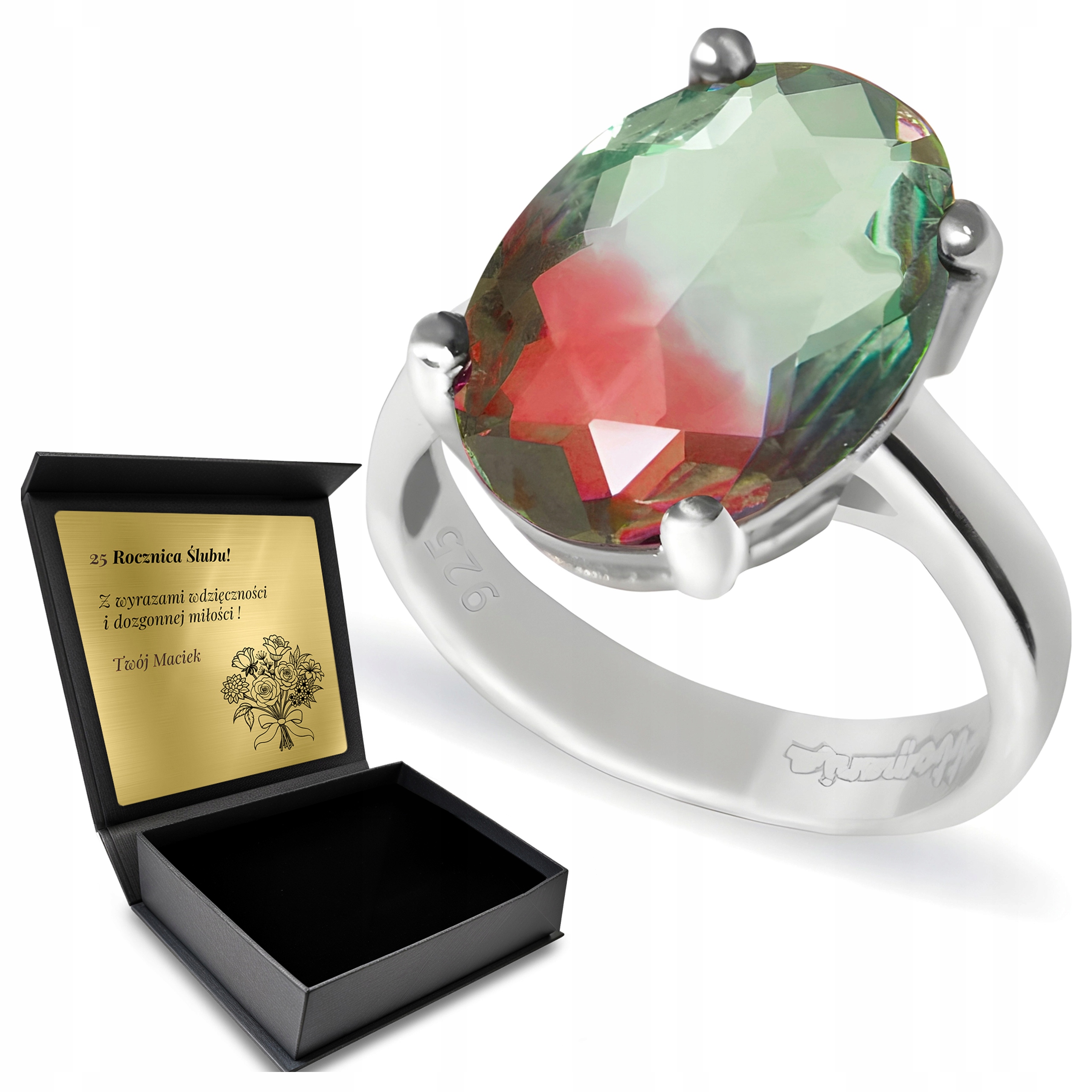 Prstýnek 925 Turmalín Dárek pro ženu Gravírování Bonus