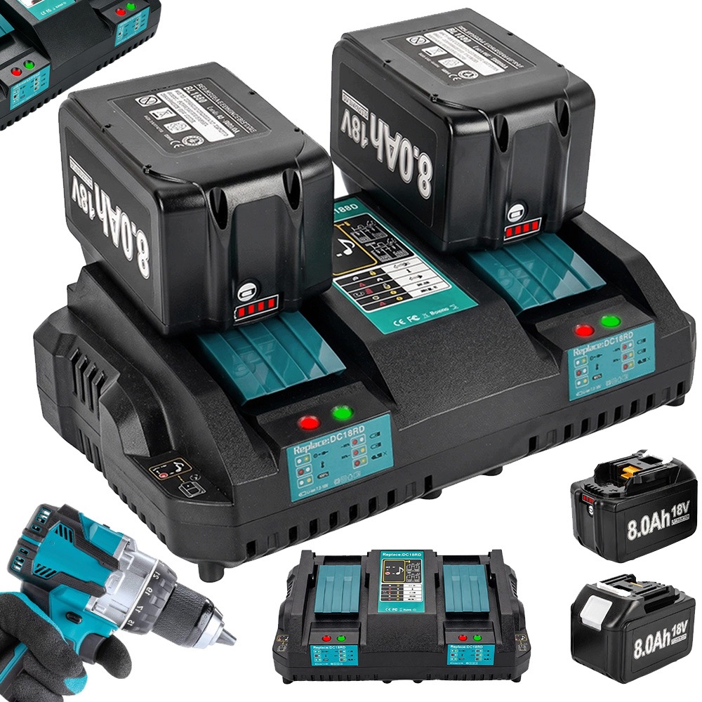 2 Li-ion Baterie 8000 Mah 18 V Ma-kita DC18RD 6A Rychlá 2-PORTOVÁ Nabíječka