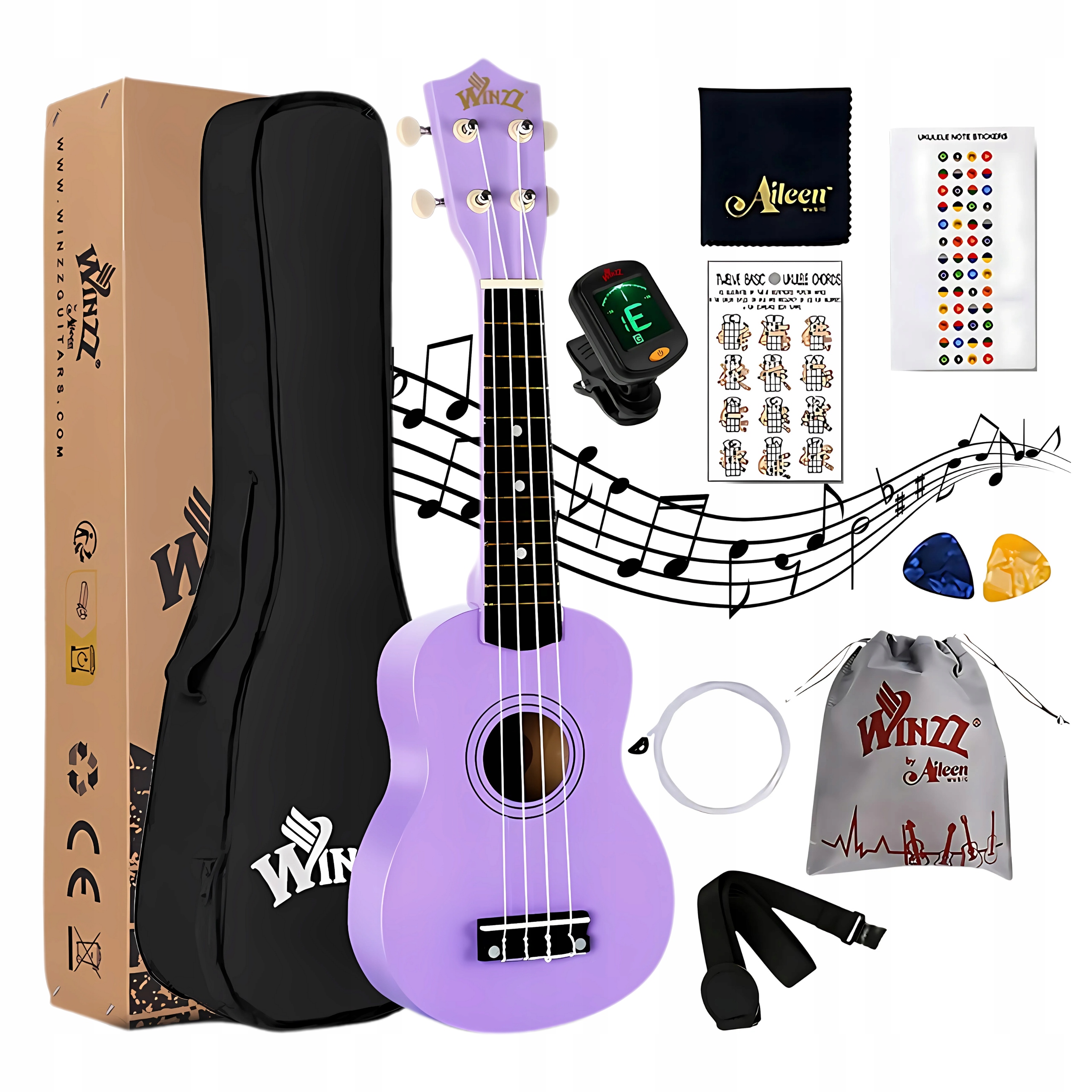 Sopránové ukulele Winzz 21 palců Fialové Začátečnická sada Pouzdro