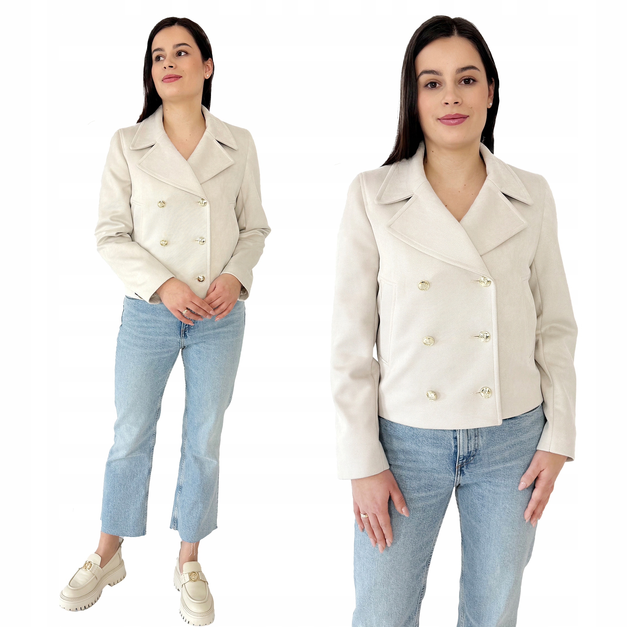 Krátká elegantní dvouřadá jarní bunda dámská kabátek Světle Béžová 38